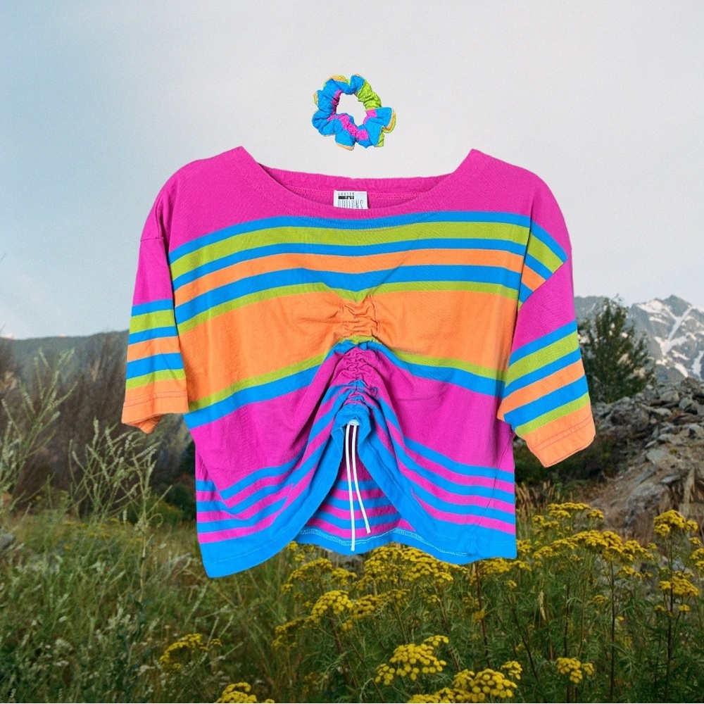 Pink and Blue Striped Ruched Drawstring Crop and Scrunchie Set